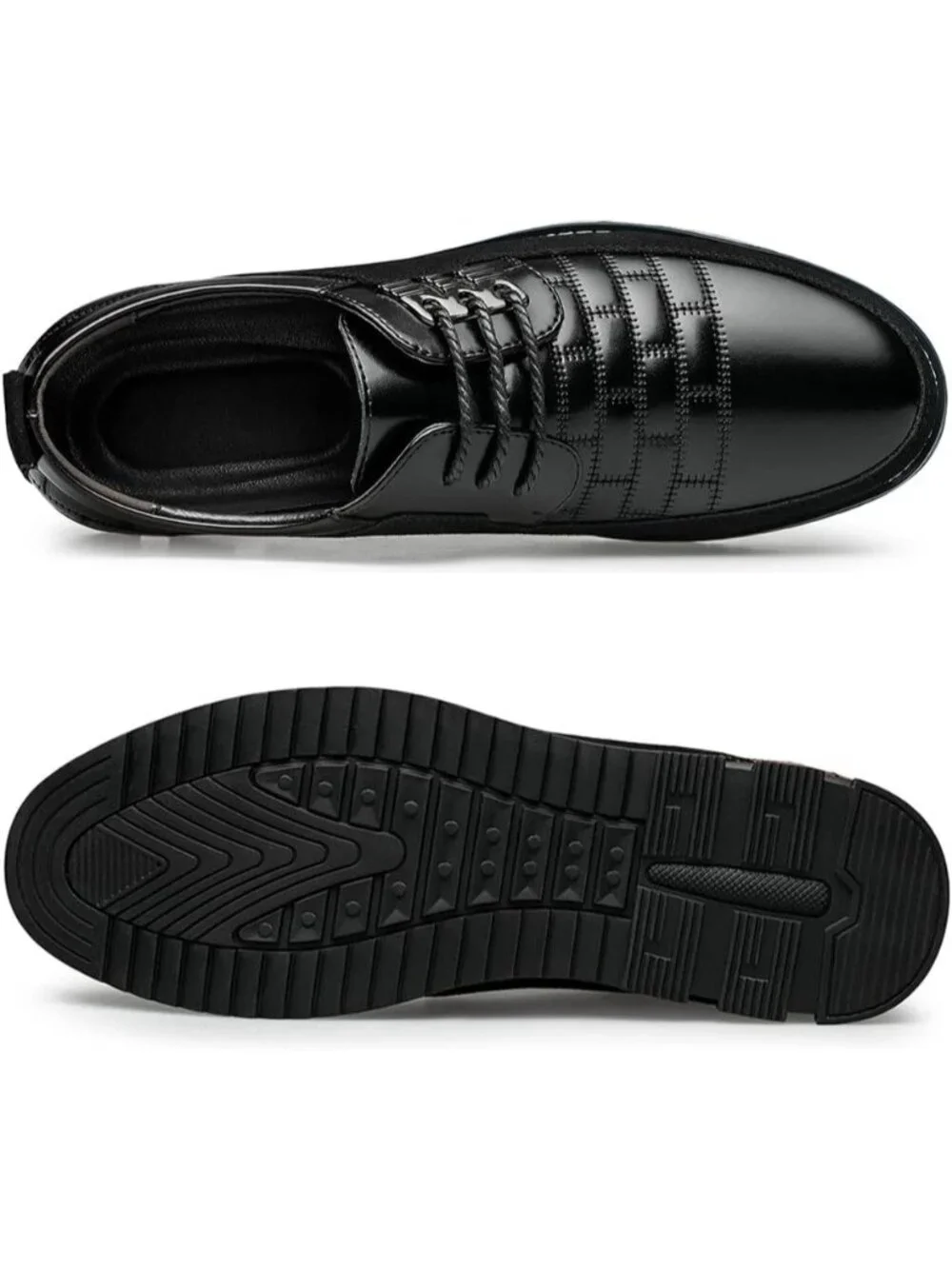 Men's Black Leather Plaid Embossed Grid Comfortable Hybrid Oxford Dress Sneakers